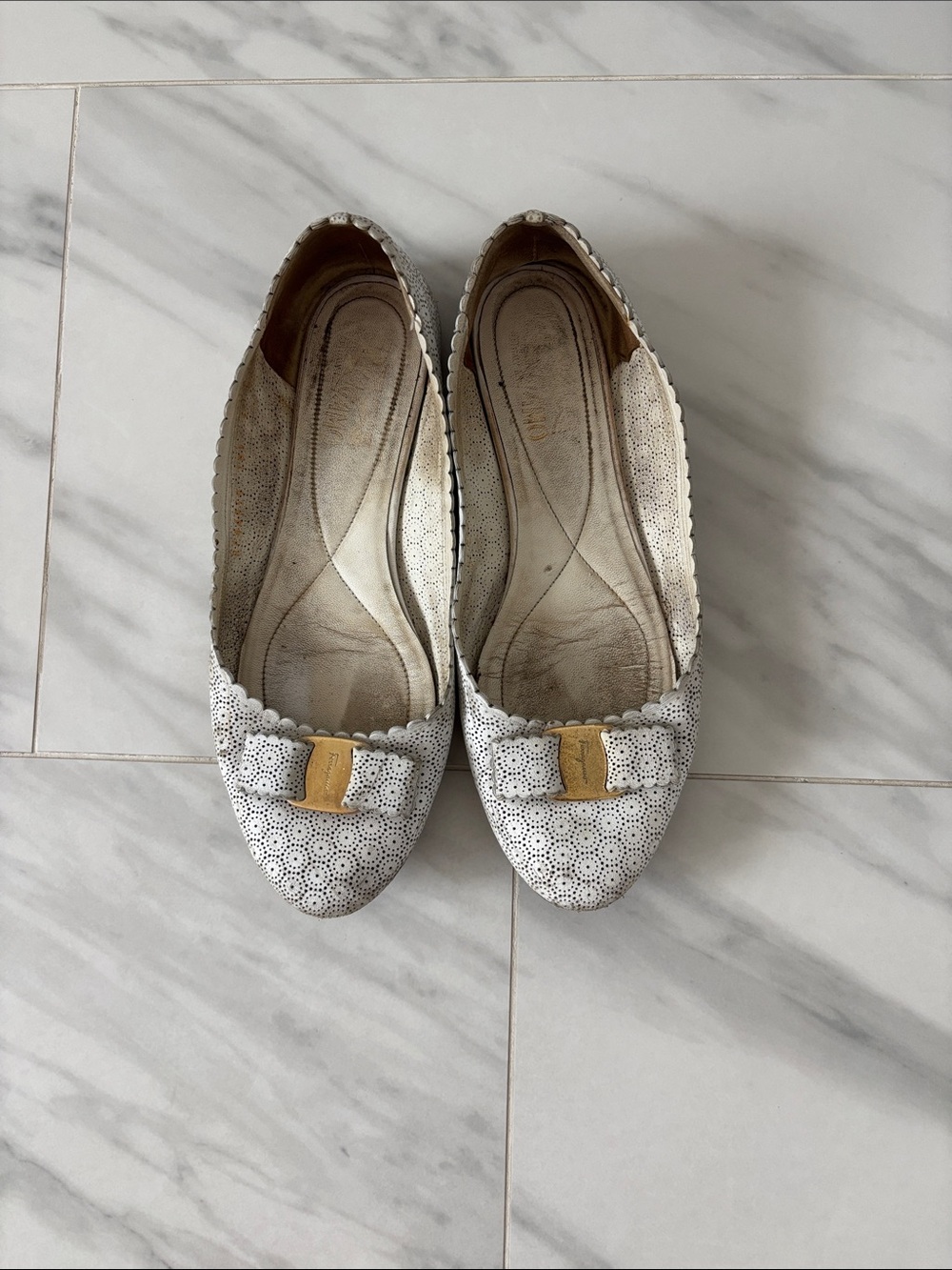 Authentic Salvatore Ferragamo Women's White Perforated Ballet Flats with Bow